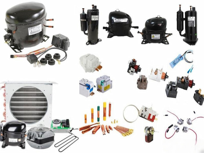 قطعات یدکی یخچال ساید بای ساید شامل کمپرسور، رله، خازن و لوله‌های مسی مناسب تعمیرات تخصصی